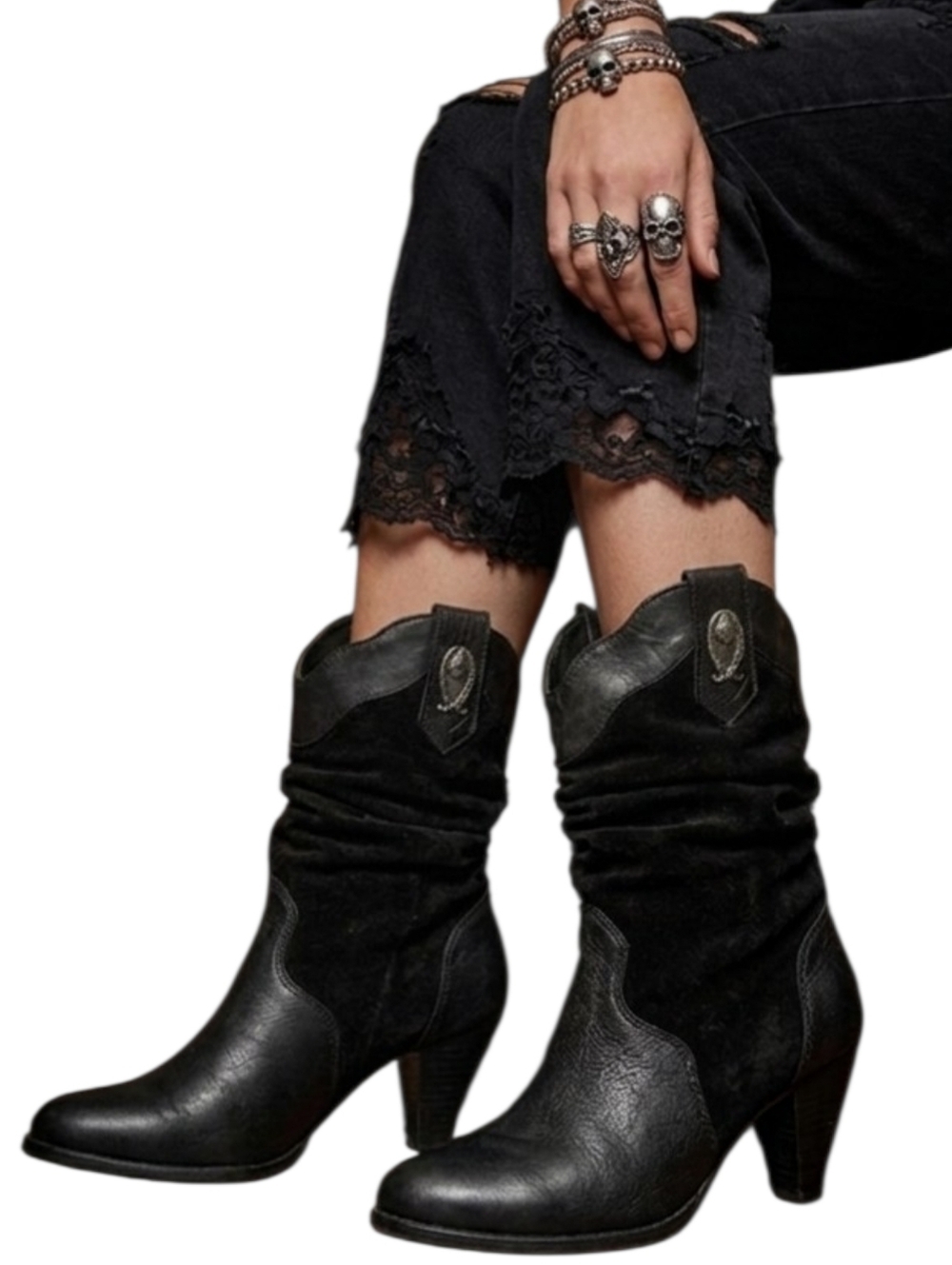 ​Coastal Black Leather Western Festival Slouch Boots | Metal Toe Rand | Size 8.5